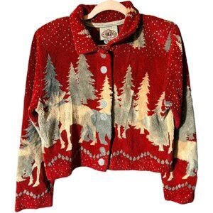 Vintage County Clothing Co Moose Fleece Jacket Red Winter Scene Women M